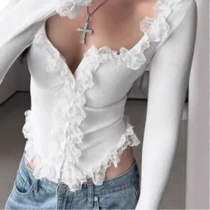 Knitted Top Women Pullover Knitting T Shirt Slim Sexy Lace Ruffles Jumper Tops Autumn Winter 2025 Casual Office Lady Knitwear