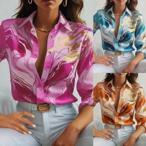 Print Shirt Women Top Single Breasted Turn Down Collar Full Sleeve Pocket Vintage Blouse Autumn Office Lady Overshirt 2025