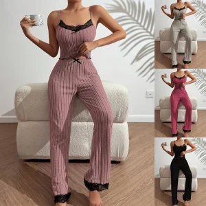 Pajamas Suit Women 2 Piece Sets Camisole Pants Suspender Top Trousers Summer Lace Bow Sleeveless Sleepwear Outfits Nightwear